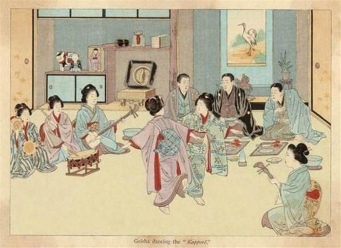Các geisha giúp vui trong một bữa tiệc của giới tinh hoa. 