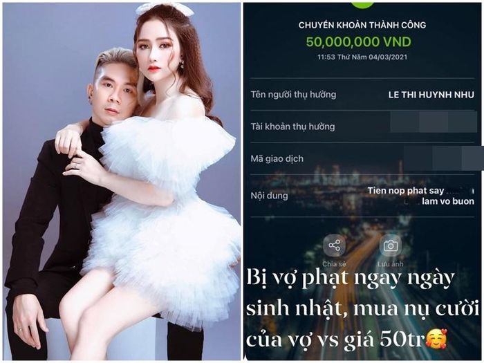 Vì uống say làm Huỳnh Như buồn, nam ca sĩ từng chuyển khoản cho vợ 50 triệu đồng nộp phạt.