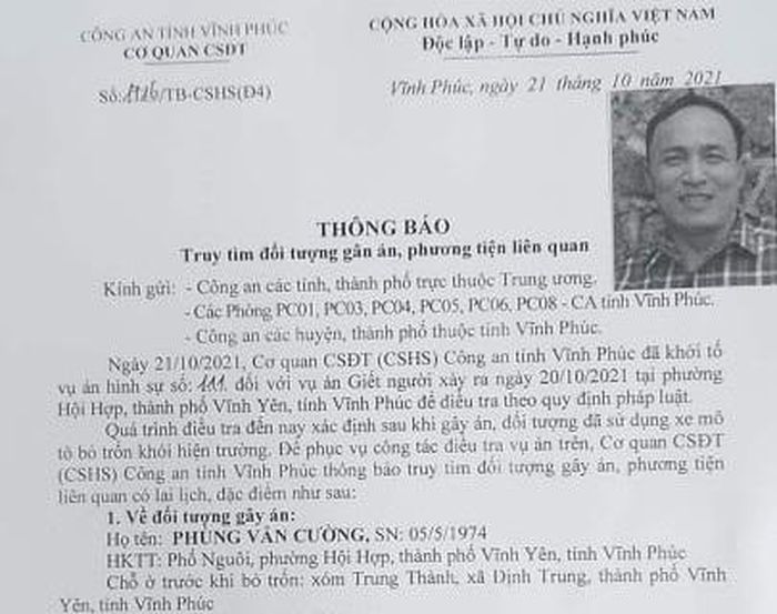 Thông báo truy tìm hung thủ của Cơ quan CSĐT Công an tỉnh Vĩnh Phúc.