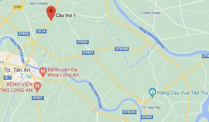  Vụ tai nạn xảy ra tại Cầu Voi 1, huyện Thủ Thừa, Long An. Ảnh: Google Maps. 
