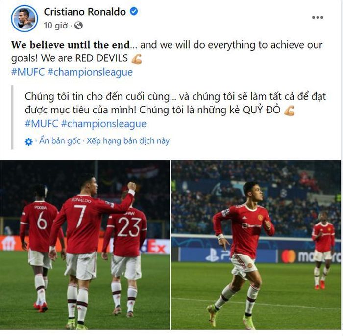 Chia sẻ của Ronaldo trên trang cá nhân sau trận MU 2-2 Atalanta