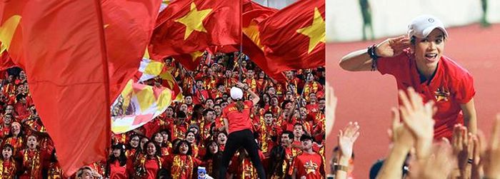 Hoàng Yến (ảnh phải) - Cô gái luôn quay lưng vào... sân cỏ, để cùng thổi bùng lên tình yêu của các CĐV Việt Nam Golden Stars dành cho bóng đá nước nhà