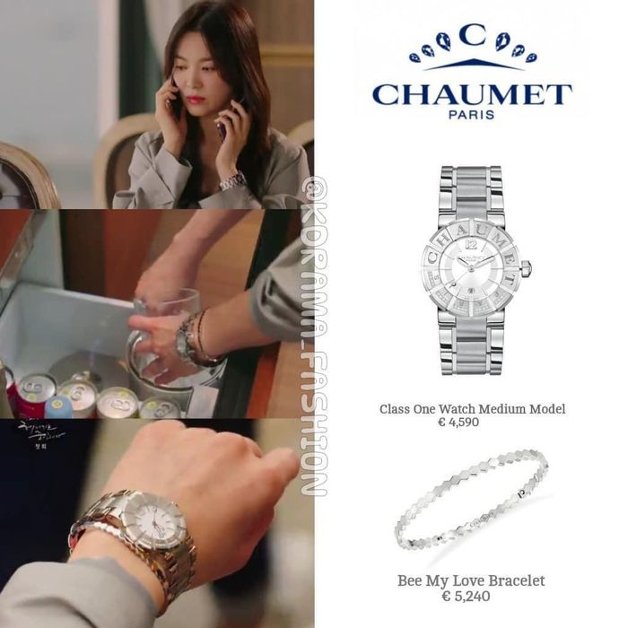  Nét sang trọng pha lẫn cá tính được thể hiện qua việc cô đeo đồng hồ khoảng 5.000 USD phối cùng vòng bạc hơn 6.000 USD. Cách phối này không "chọi" nhau hay khiến tổng thể trông rườm rà bởi phụ kiện có cùng màu, vòng dáng mảnh. Ảnh: kdrama_fashion. 