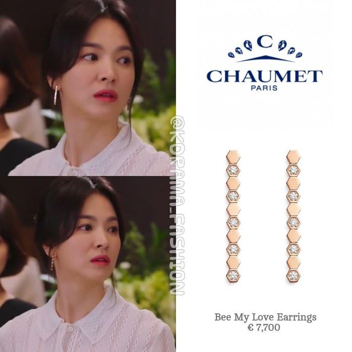  Ngoài hoa tai dáng tròn, cô cũng làm mới tạo hình bằng thiết kế hình tổ ong đính kim cương, có giá hơn 8.000 USD. Những đôi hoa tai dáng dài thường có tác dụng giúp mặt trông thon gọn hơn. Ảnh: kdrama_fashion. 