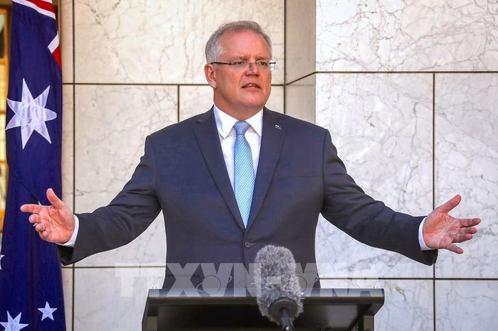 Thủ tướng Australia Scott Morrison phát biểu trong cuộc họp báo ở Canberra. Ảnh: AFP/TTXVN