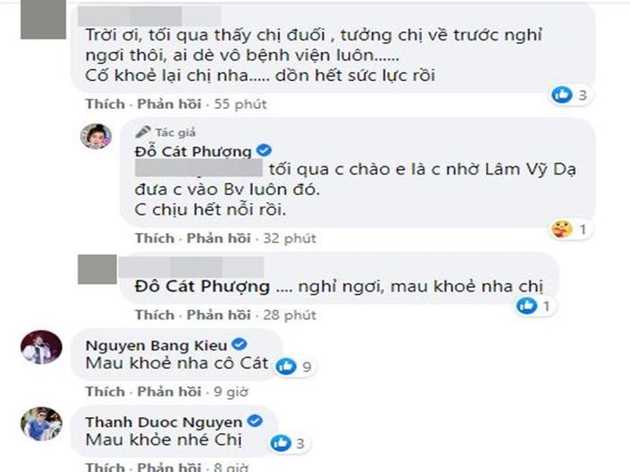 Nhiều đồng nghiệp động viên Cát Phượng sớm khỏe lại.