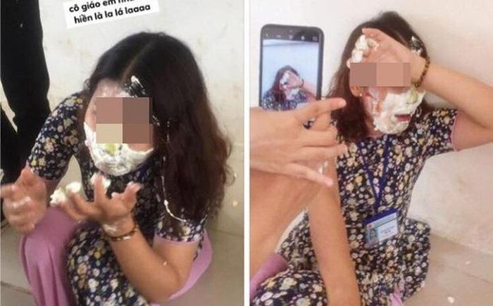 Đến ngay cả giáo viên chủ nhiệm cũng không thoát khỏi cảnh bị học sinh úp bánh kem vào mặt trước khi ra trường.