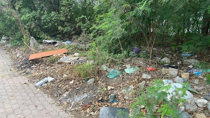 Một đoạn đường rất dài, những bọc rác to nhỏ, những tấm gỗ lớn bị vất ven đường đi.