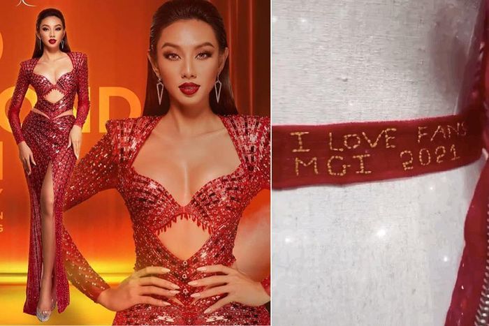 Được biết, chiếc váy dạ hội có tên là “Red Diamond Gown” của nhà thiết kế Nguyễn Minh Tuấn. Bên trong chiếc váy có dòng chữ “I love fan”, đây như lời cảm ơn của Thùy Tiên gửi đến người hâm mộ vì đã luôn yêu thương, ủng hộ cô suốt chặng đường vừa qua