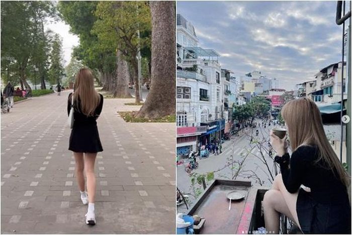 Trước đó, người đẹp gây chú ý khi chia sẻ loạt ảnh "bình tâm" thưởng trà và đi dạo Hồ Gươm. Tuy nhiên gây "nhức nhối" nhất lại là chiếc váy mỏng và ngắn cũn trong khi xung quanh ai cũng mặc quần áo dài. Cô thậm chí phải vừa đi bộ vừa lấy tay ôm người, đủ để thấy thời tiết lạnh cỡ nào.