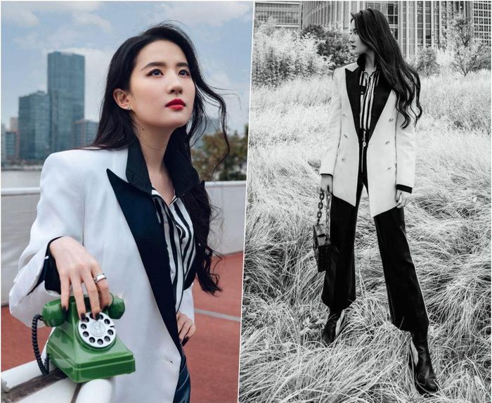 Trong bộ trang phục "kín cổng cao tường" gồm combo quần da và áo sơ mi, khoác ngoài blazer, nhan sắc quyến rũ cùng vóc dáng mảnh mai của người đẹp 8X được tôn lên trọn vẹn.