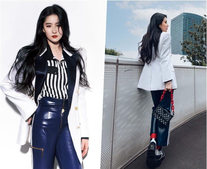 Lâu lâu xuất hiện tại thảm đỏ thời trang, cô không ăn diện váy đầm lộng lẫy mà kết thân cùng bộ cánh đến từ nhà Louis Vuitton.