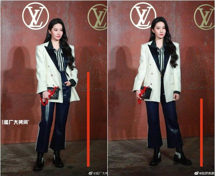 Chỉ cần so sánh nhẹ giữa 2 hình ảnh này, không khó để thấy được chiếc áo blazer dài và cách mặc kín như bưng đã tạo ra hiệu ứng thị giác làm người nhìn thấy đôi chân của Lưu Diệc Phi bị cắt ngắn. Chỉ cần vén nhẹ chiếc blazer bên ngoài để lộ ra chiếc quần cạp cao bên trong, tổng thể trang phục sẽ thêm hoàn hảo hơn.