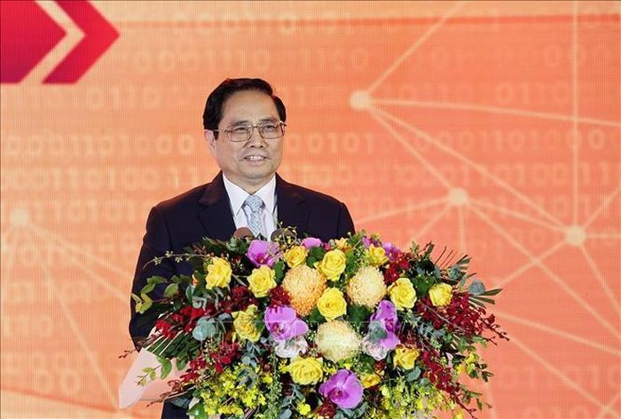 Thủ tướng Phạm Minh Chính phát biểu tại Diễn đàn Quốc gia phát triển doanh nghiệp công nghệ số. Ảnh: Dương Giang/TTXVN