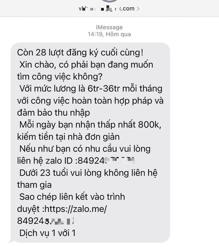Cận Tết tin nhắn lừa đảo tìm việc làm ngày càng nhiều. Ảnh chụp từ màn hình nhân vật cung cấp.