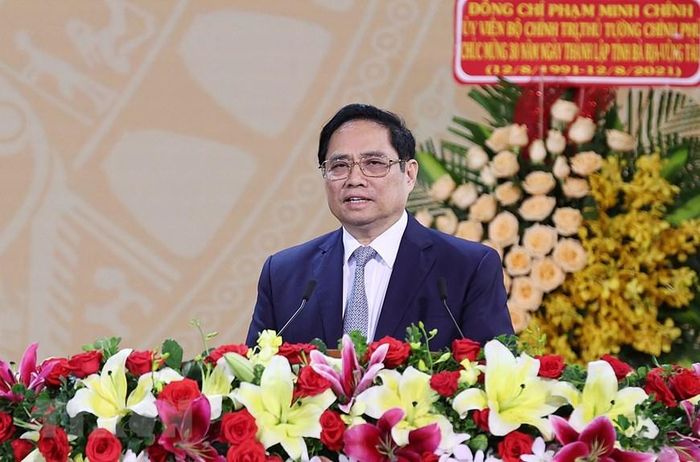 Hình ảnh Thủ tướng Phạm Minh Chính phát biểu tại lễ kỷ niệm 30 năm Ngày thành lập tỉnh Bà Rịa-Vũng Tàu. (Ảnh: Dương Giang/TTXVN)