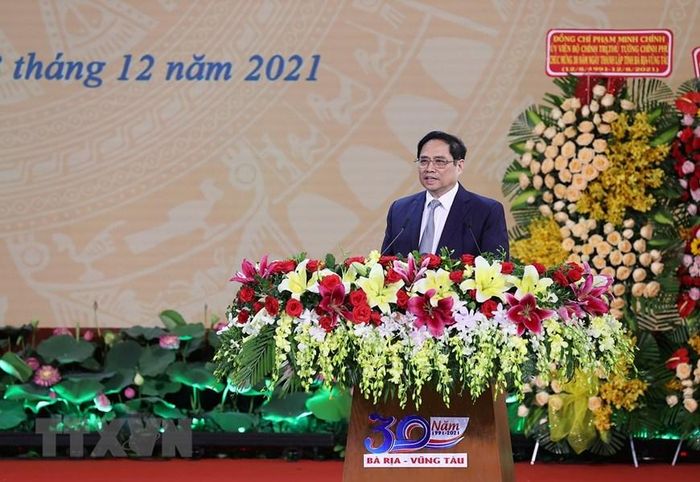 Thủ tướng Phạm Minh Chính phát biểu tại lễ kỷ niệm 30 năm Ngày thành lập tỉnh Bà Rịa-Vũng Tàu. (Ảnh: Dương Giang/TTXVN)