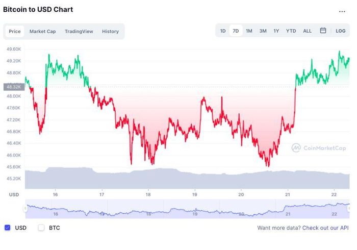 Giá Bitcoin bật tăng trở lại sau khi rơi xuống mức 45.500 USD/đồng. Hôm 21/12, giá Bitcoin tăng một mạch từ mức 46.000 USD/đồng lên xuyên thủng ngưỡng 49.000 USD/đồng. Ảnh: CoinMarketCap.