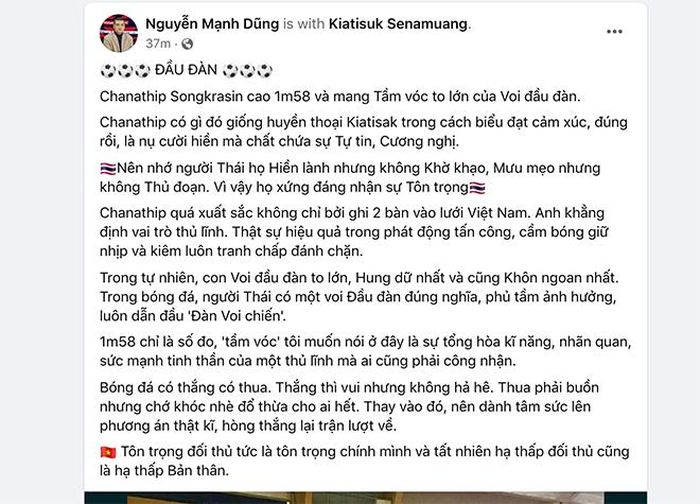 Bài viết trên trang cá nhân của cựu tuyển thủ Mạnh Dũng