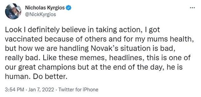 Kyrgios bênh vực Djokovic