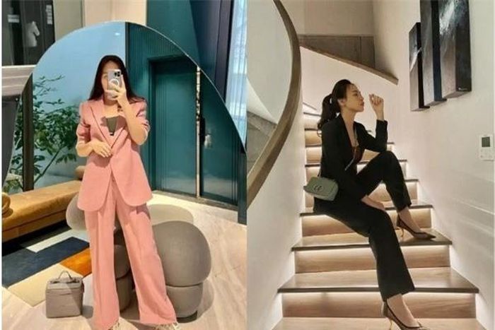 Mặc suit đôi khi sẽ khiến bạn trở nên “dừ” hơn. Tuy nhiên cách kết hợp khéo léo cùng giày cao gót hoặc áo bra bên trong của Đàm Thu Trang vẫn giữ được nét tươi trẻ.
