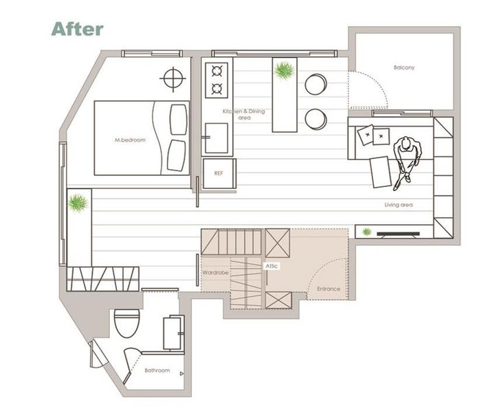 Mặt bằng căn hộ 45 m2 trước và sau khi cải tạo.