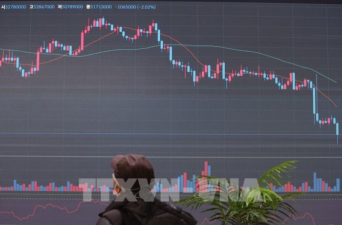 Biểu đồ giá trị đồng tiền điện tử Bitcoin tại một sàn giao dịch ở Seoul, Hàn Quốc, ngày 7/1/2022. Ảnh: Yonhap/ TTXVN
