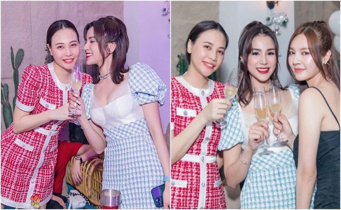 "Lên đồ" đi dự tiệc đầy sang trọng, quý phái và đọ sắc cùng hội chị em ai cũng cầu kì, điệu đà thì mái tóc buộc nhẹ sau gáy của Đàm Thu Trang cho thấy sự chênh lệch rõ ràng. Có thể thấy, kiểu tóc buộc thấp này làm mẹ bỉm có phần kém chỉn chu hơn so với hội bạn, cũng không tương xứng mấy với set đồ đắt đỏ, lộng lẫy đang mặc.