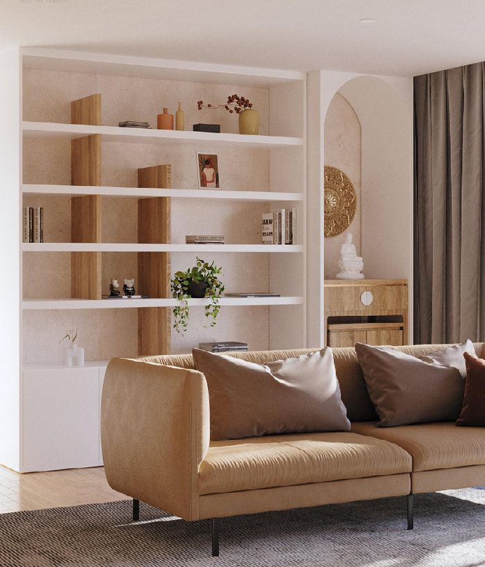 Kệ phía sau sofa có tác dụng trang trí và giảm bớt sự trống trải cho nhà. 