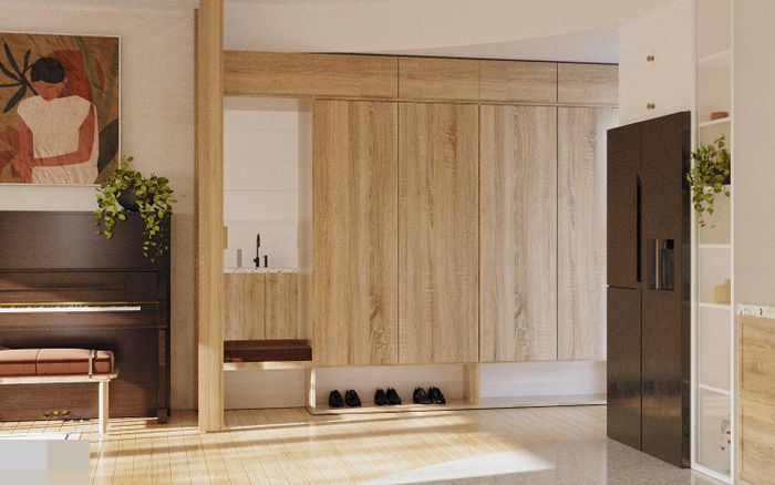 Hệ tủ giày lớn, kết hợp 1 bồn rửa tay mini, phục vụ việc vệ sinh khử khuẩn ngay khi về nhà.