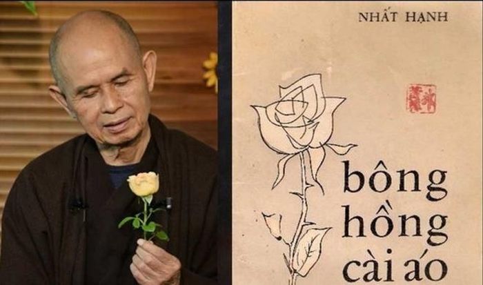 Thiền sư Thích Nhất Hạnh và bìa sách "Bông hồng cài áo" của mình