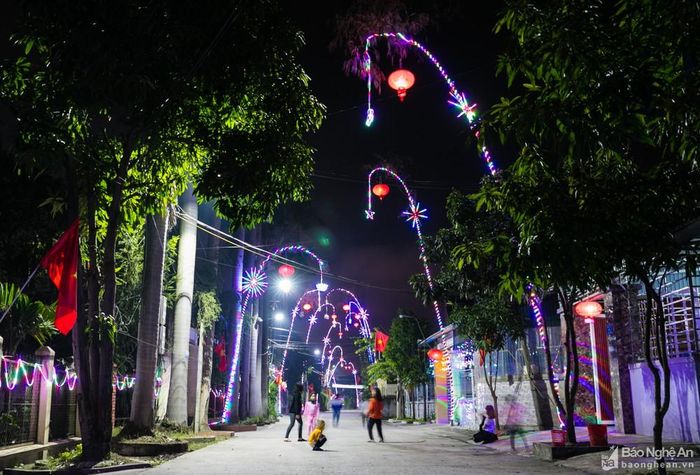 Không chỉ rực rỡ ở các đường phố những ngày cận Tết này tại các ngõ làng cũng được trang hoàng cây nêu kết hợp với đèn Led vô cùng sặc sỡ. Ảnh tư liệu Đức Anh