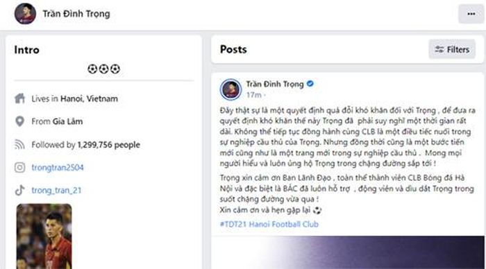 Dòng tâm sự trên trang cá nhân của Đình Trọng