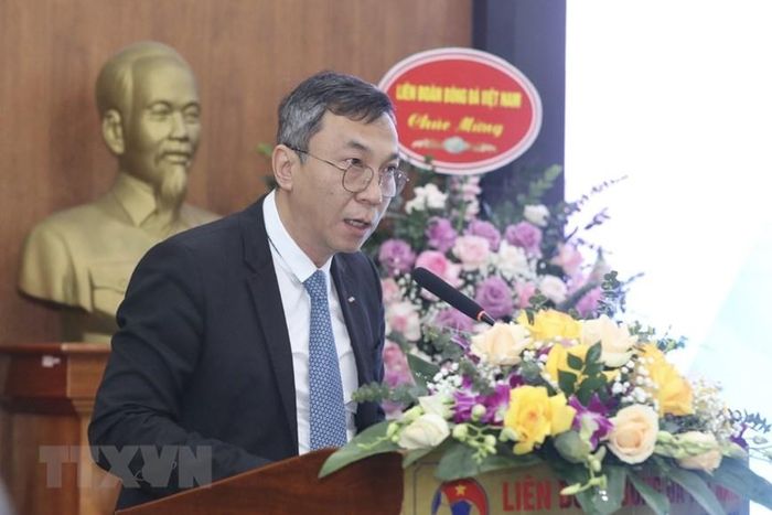 Ông Trần Quốc Tuấn, quyền Chủ tịch Liên đoàn Bóng đá Việt Nam phát biểu. (Ảnh: Minh Quyết/TTXVN)