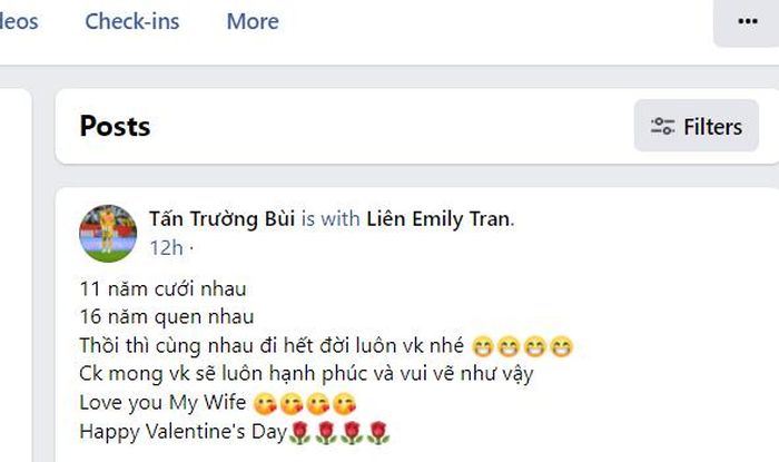 Dòng trạng thái "tan chảy" của Tấn Trường dành cho vợ