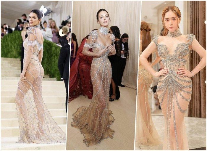 Đặt hình ảnh của bộ đôi mỹ nhân Việt và Hollywood cạnh nhau, không khó để thấy được cả 2 bộ cánh đều có sự tương đồng khá lớn. Tuy nhiên, so với item sở hữu đường may hoàn mỹ, đính đá tinh tế của Kendall Jenner, bộ cánh nữ đại gia quận 7 kết thân lại gặp lỗi nhẹ về lớp lót bảo hộ. 