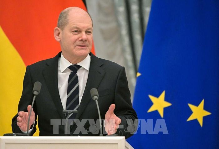 Thủ tướng Đức Olaf Scholz phát biểu trong cuộc họp báo sau hội đàm với Tổng thống Nga Vladimir Putin ở Moskva, ngày 15/2/2022. Ảnh: AFP/TTXVN