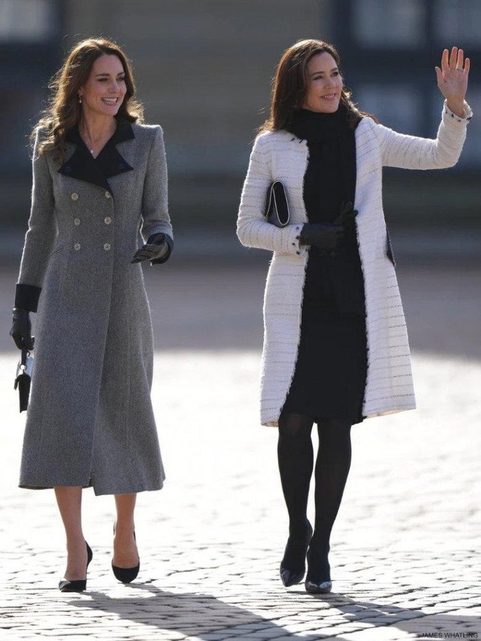 Về phía Kate Middleton, mẹ 3 con vẫn trung thành cùng hình ảnh thanh lịch với chiếc đầm dài màu xám đến từ thương hiệu Catherine Walker trị giá hơn 80 triệu đồng, tay xách túi Mulberry, đi cao gót Gianvito Rossi và đeo găng tay da.