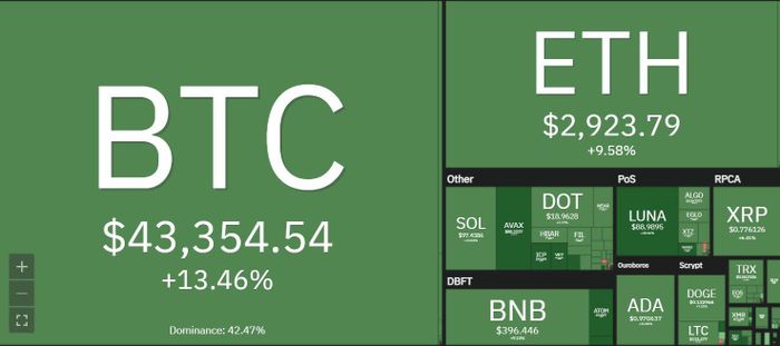 Sắc xanh bao phủ toàn thị trường. Ảnh: Coin360.