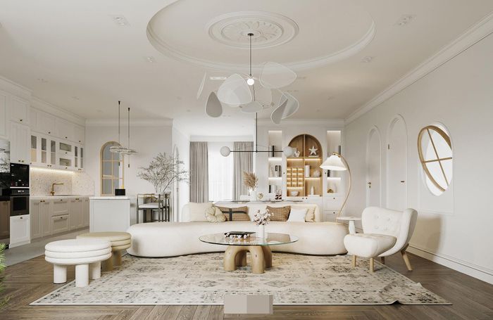 Phòng khách được mở rộng lên 66m2. Mọi góc của căn nhà đều được kiến trúc sư tính toán kỹ càng để tận dụng, nhưng không tạo cảm giác ngột ngạt. Lò sưởi mang phong cách châu Âu, tạo sự đa dạng cho không gian.