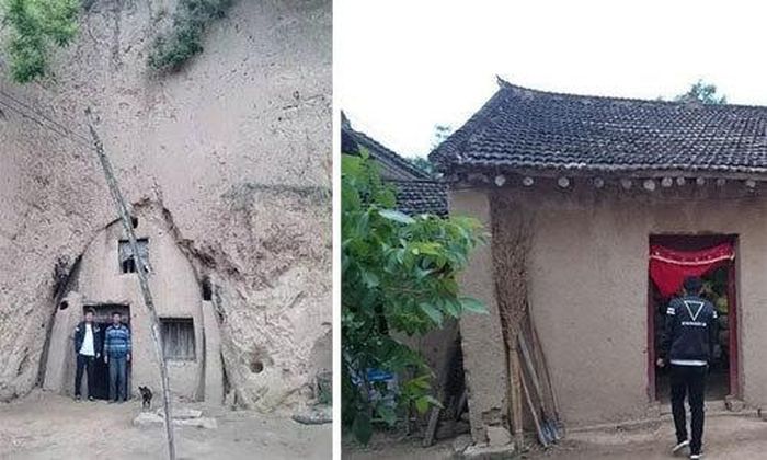 Trước khi cưới, anh Liu sống ở căn nhà trong hang núi (trái). Để lấy được vợ, anh phải vay mượn để mua được căn nhà nhỏ trong làng (phải).