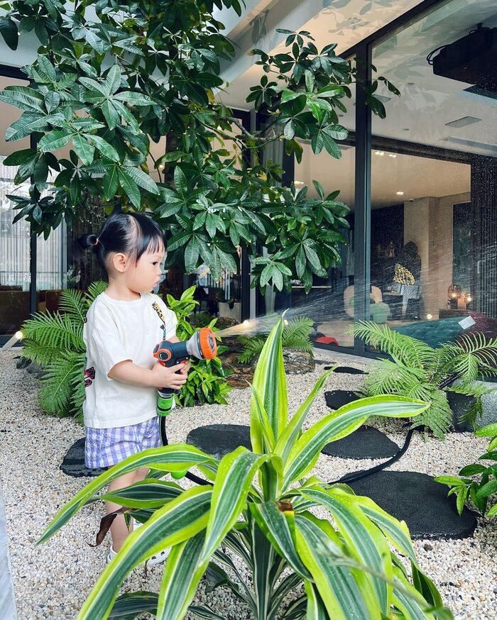 Suchin đang vô cùng tập trung để hoàn thành công việc tưới cây, một phần không gian của biệt thự cặp vợ chồng đình đám trong làng giải trí cũng được hé lộ