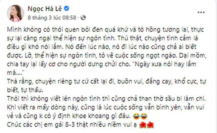 Dòng trạng thái ẩn ý gây xôn xao dân mạng của Ngọc Hà (Ảnh: Chụp màn hình FB Lê Ngọc Hà)