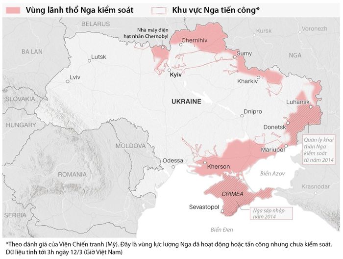  Lãnh thổ Nga kiểm soát được và thế tiến công của Nga. Đồ họa: CNN. 