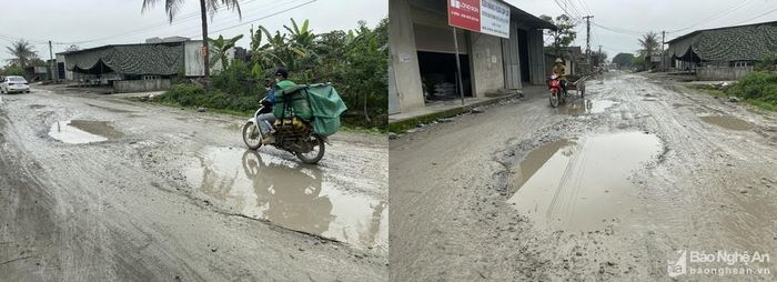Tại xã Trù Sơn, Đô Lương cũng chi chít vũng nước khiến việc lưu thông khó khăn. Một người dân địa phương ở xã Mỹ Sơn cho biết: Sau mưa đường sình lầy, trơn trượt, đã có không ít người bị ngã khi đi qua đoạn đường này. Ảnh: Văn Trường