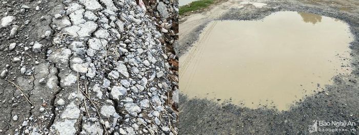 Đoạn đường hư hỏng xuống cấp, mặt đường bong tróc vồng lên; Sau mưa nhiều đoạn thành ao. Ảnh: Văn Trường