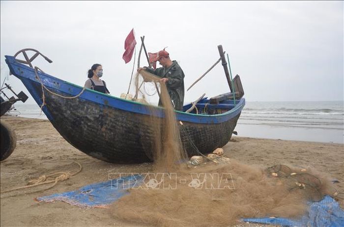 Sau khi thuyền vào vào bờ, ngư dân gỡ những con cá, tôm, mực dính vào các mắt lưới, tất cả những loại hản sản này sẽ được phân loại và được các lái buôn, người dân, du khách thu mua ngay tại bãi biển. Ảnh: Hoa Mai/TTXVN