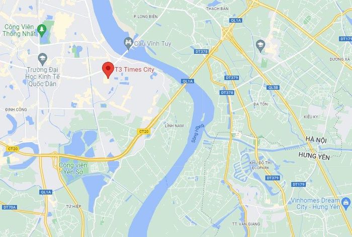  Vụ việc xảy ra tại tòa nhà T3, khu đô thị Times City, phường Vĩnh Tuy, quận Hai Bà Trưng, Hà Nội (chấm đỏ). Ảnh: Google Maps. 