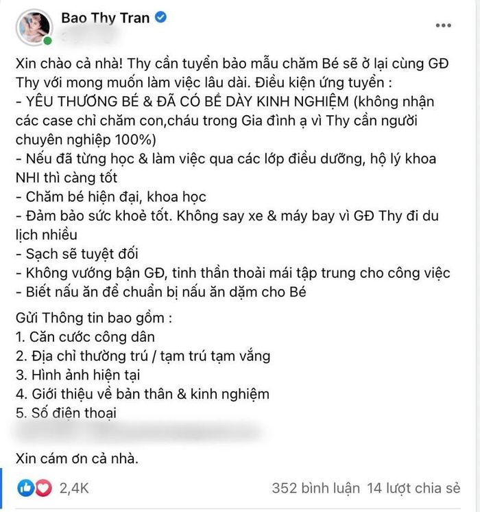 Bài viết tuyển dụng bảo mẫu của Bảo Thy đang gây sự chú ý.