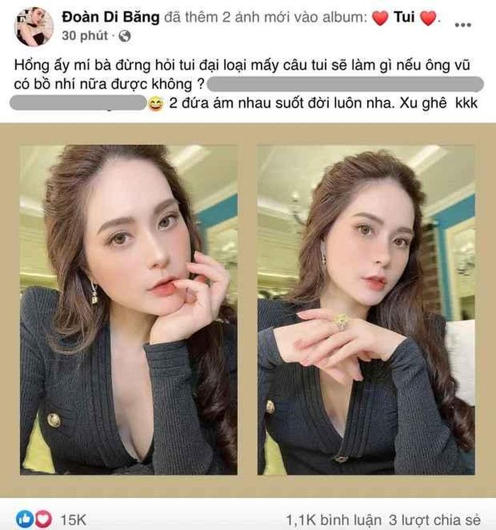 Đoàn Di Băng cho biết gần đây mọi người hay hỏi mình sẽ làm gì nếu chồng ngoại tình. Và câu trả lời của cô là đừng hỏi nữa vì 2 vợ chồng sẽ bên nhau suốt đời: "Hổng ấy mấy bà đừng hỏi tui đại loại mấy câu tui sẽ làm gì nếu ông Vũ có bồ nhí nữa được không? Hai đứa ám nhau suốt đời luôn nha".